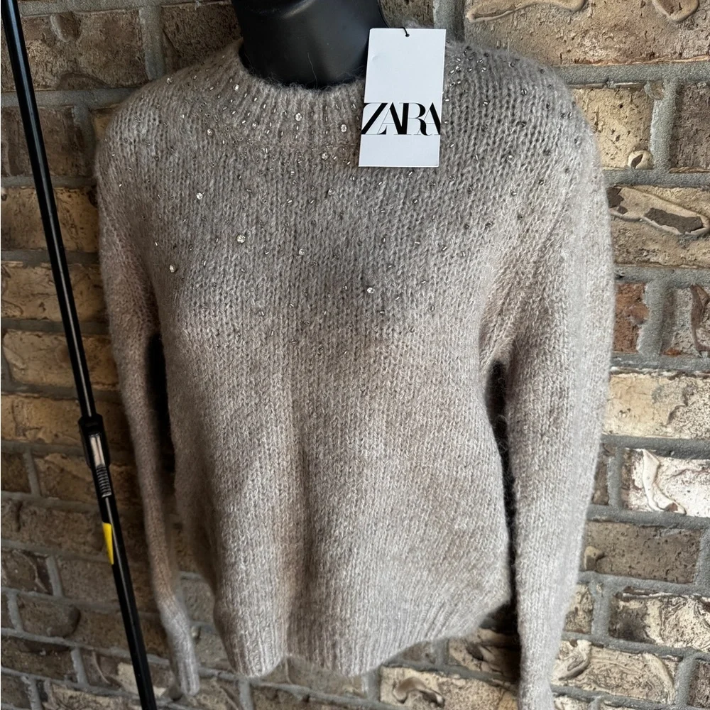 ZARA Beige Gray Rhinestone Knit Sweater Size S Wool Blend NWT